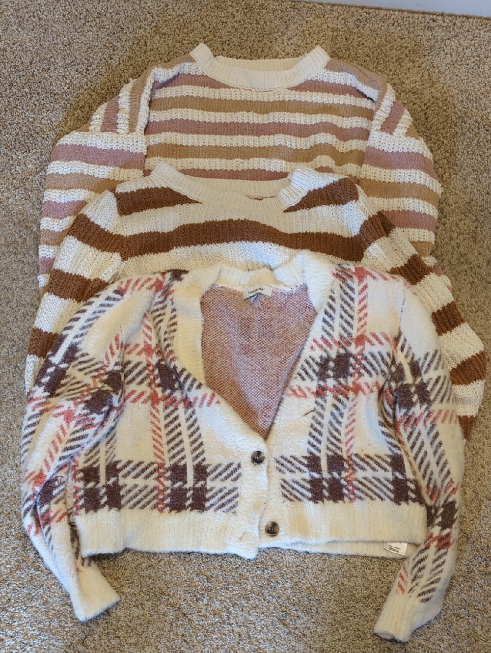 Francesca's Cream, Brown and Pink Striped & Plaid Cropped Sweater Set XS Teen